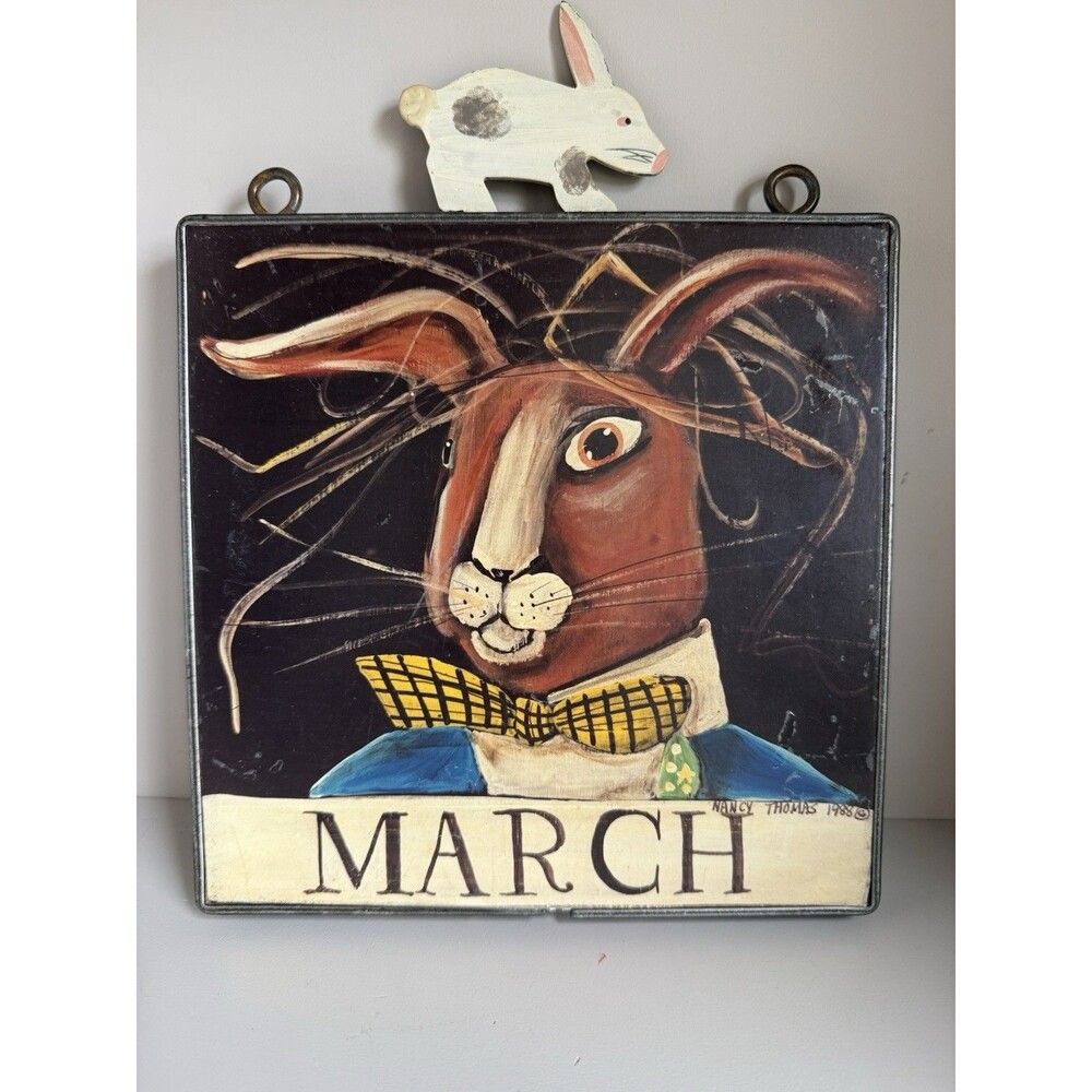 Vintage Nancy Thomas Folk Art 1988 March Hare Wall Hanging Plaque Metal Frame